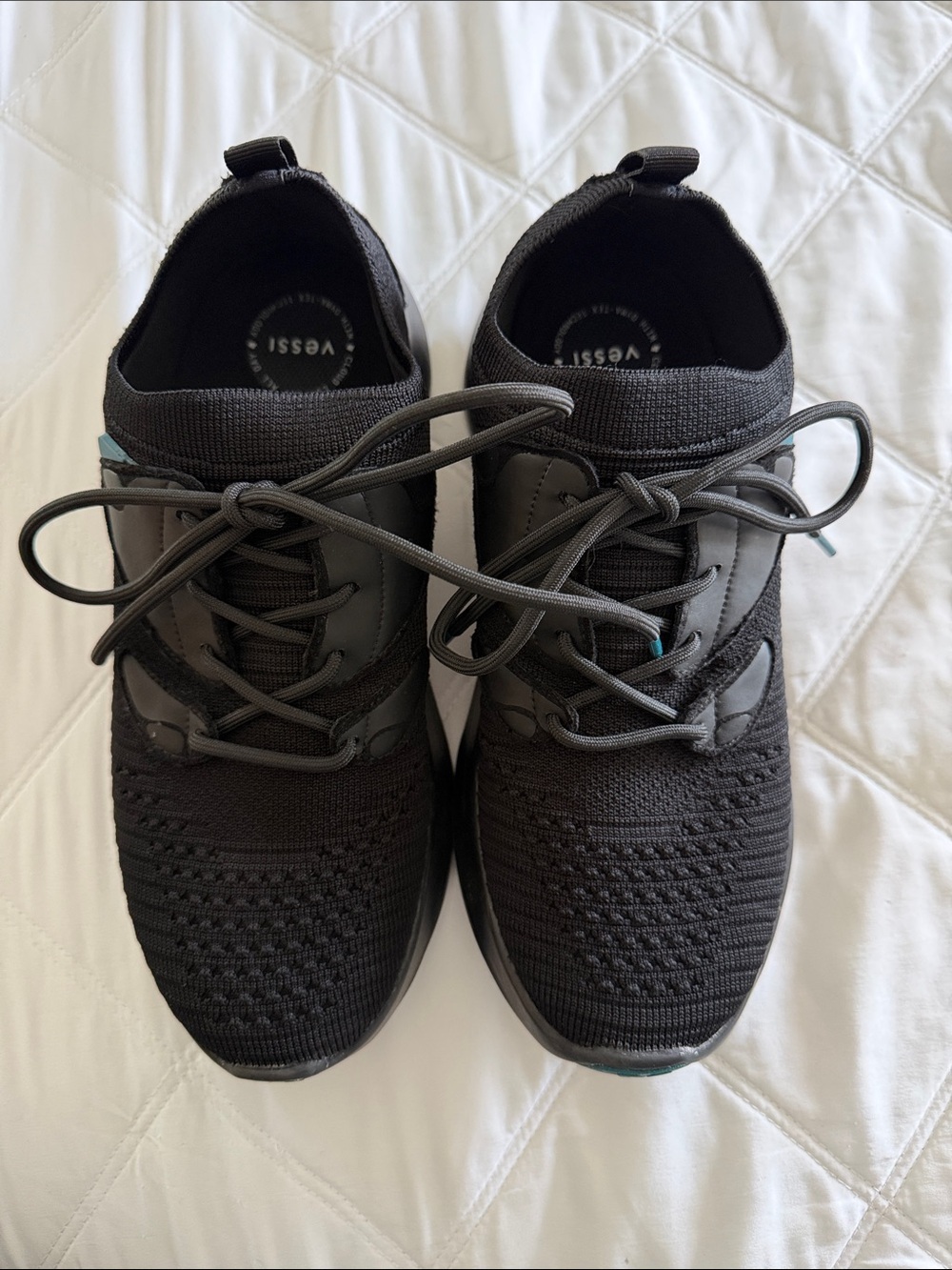 Vessi Womens Black Knit Sneaker with Subtle Teal Accent